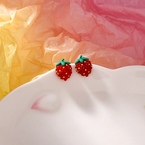 Cute strawberry stud earrings with S925 silver needles and realistic green leaf details