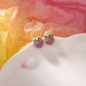 S925 silver needle strawberry studs with purple berry body and green leaf detail