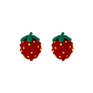Sweet red resin strawberry stud earrings with S925 silver needle on white background
