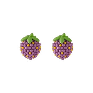 Detail of purple berry earrings with green leaves and yellow dots on S925 silver needles