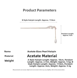 Detailed view of acetate hair pin with pearl pendant and exact size measurements
