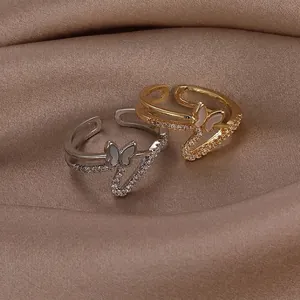 Elegant double-layer butterfly open ring with shell inlay and cubic zirconia stones