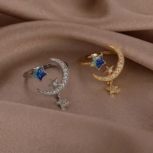 Minimalist starry moon and sun open adjustable ring with sparkling gradient stars and charms