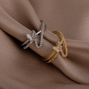 Elegant double-layer butterfly open rings with shell inlay and zircons in gold and silver