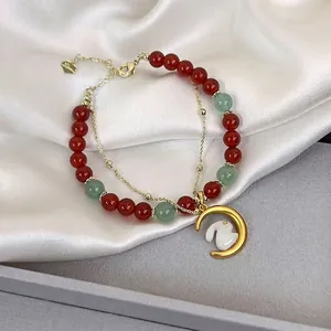 Vintage Double Layer Crystal Beaded Bracelet Red Agate Moon Rabbit Pendant Heart Charm Adjustable Jewelry For Women Girls