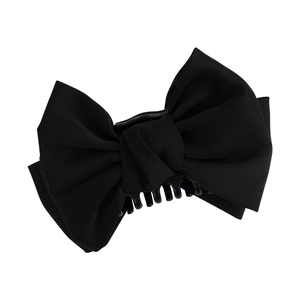 Large black double-sided bow hair claw clip made of elegant satin fabric for women