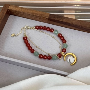 Double-layer beaded bracelet with red agate, jade beads, and golden moon rabbit charm