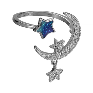 Adjustable silver star and moon ring with blue sparkling stone and micro-pave charms