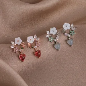 Elegant Copper Flower Heart Dangle Earrings For Women With 925 Sterling Silver Earring Post Zirconia Shell Sweet Jewelry