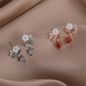 Floral heart drop earrings with colorful zircon and S925 silver needles in multi-color sets