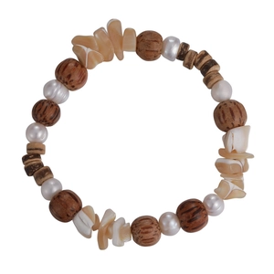 Handmade beaded bracelet with vintage wood beads, lustrous pearls and shell stones