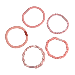 Set of 5 pink elastic braided hair ties in various textures on a white background