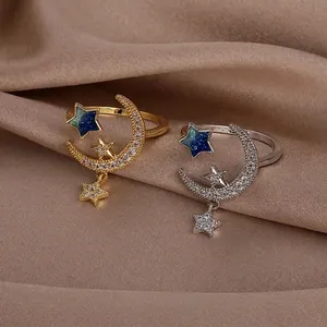Light Luxury Star Moon Open Adjustable Ring Copper Zircon Starry Sky Gradient Finger Ring For Women Romantic Jewelry