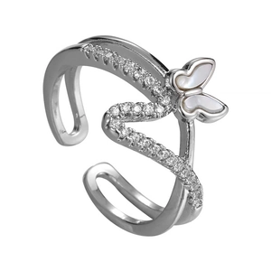 Elegant shell butterfly double-layered open adjustable ring with sparkling cubic zirconia