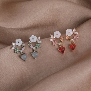 S925 silver needle floral earrings with colorful zircon heart pendants in two colors