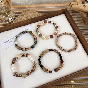 Handmade Wood Beaded Bracelet With Artificial Pearl Shell Natural Stone Retro Bohemian Neo-Chinese Style Jewelry For Women