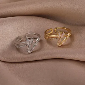 Elegant Butterfly Mother Of Artificial Pearl Open Ring Copper Zircon Double Layer Adjustable Ring For Women Japanese Fashion Jewelry