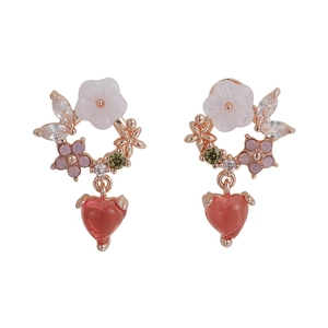 Floral S925 silver earrings with colorful zircon petals and red heart dangles