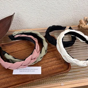 French vintage braided satin headband set in pink, green, and cream for high skull top