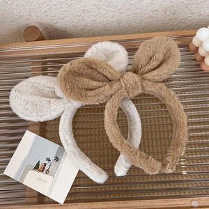 Cute Plush Rabbit Ear Headband Soft Furry Bowknot Hair Band For Washing Face Makeup Daily Hair Accessories For Women