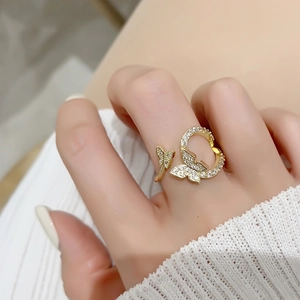 Exquisite golden zircon butterfly open ring with sparkling diamonds for women