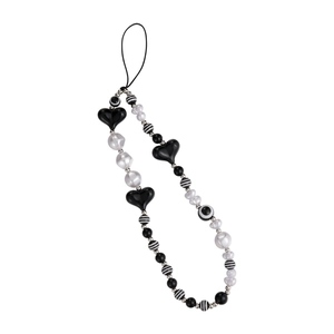 Chic black and white beaded phone strap with heart pearls and evil eye charm charm
