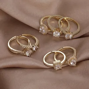 Elegant Copper Zirconia Geometric Adjustable Open Ring For Women Shiny Fashion Finger Ring Gold Plated Luxury Jewelry Gift
