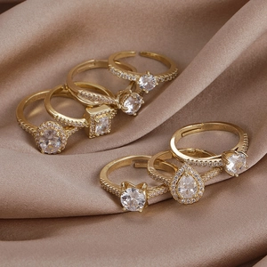 6pcs set of golden adjustable open rings with sparkling clear cubic zirconia stones