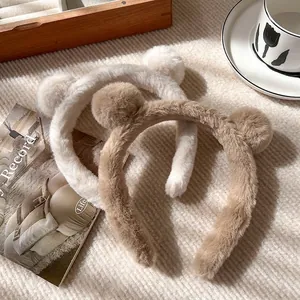 Serre-tête oreilles d'ours en peluche pour femme, coloris crème et marron, idéal maquillage
