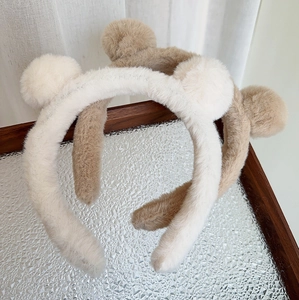 Bandeau oreilles d'ours en peluche mignon en beige et kaki pour laver le visage