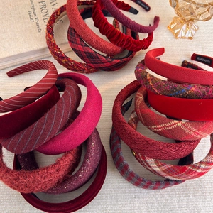 Vintage burgundy plush headbands in velvet and tweed fabrics for winter hair styling