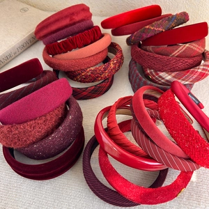 Collection of vintage burgundy velvet and tweed headbands for women in various textures