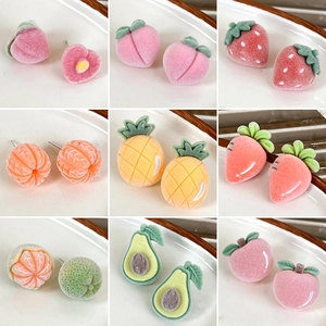 Sweet flocked fruit stud earring set featuring peach strawberry and avocado designs