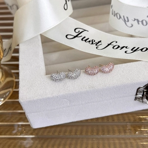 Luxurious 18K rose gold and silver heart stud earrings with sparkling pave zircon stones