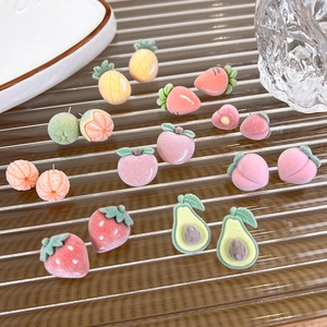 Sweet flocked fruit stud earrings in peach strawberry designs for autumn winter styles