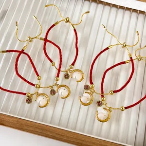 Chinese Style Rabbit Red Rope Bracelet For Women Copper Moon Pendant Adjustable Luck Plaque Bracelet Handmade Jewelry