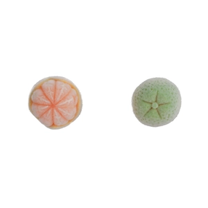 Sweet flocked peach fruit stud earrings with soft orange and green velvety texture
