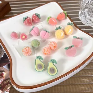 Sweet Flocked Fruit Stud Earrings Cute Peach Avocado Apple Style Steel Earring Post Jewelry For Women Girls Daily Accessories