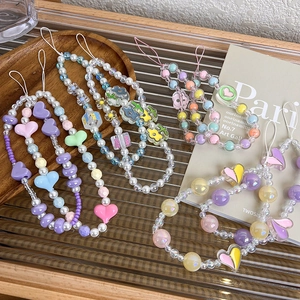 Handmade candy-colored beaded phone lanyard wrist strap with heart and flower charms