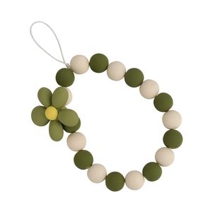 Cute olive green flower beaded phone charm strap with cream matte beads and white lanyard