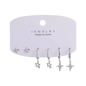 Elegant 6-piece silver star and zircon earring set featuring starburst and moonstone designs