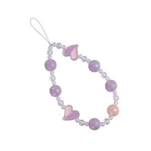 Sweet candy-colored beaded phone lanyard with purple hearts and glossy resin beads