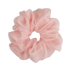 Elegant oversized light pink organza scrunchie with soft ruffled layers for hair styling