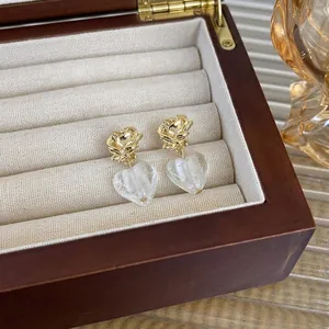 French Vintage Alloy Resin Rose Flower Heart Stud Earrings For Women Romantic Gold Color Transparent Heart Dangle Earrings Jewelry