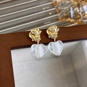 French vintage gold rose earrings with clear frosted glass heart pendants in 3D design