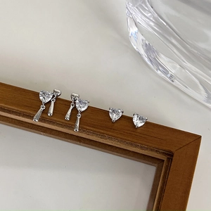 Silver heart zircon earrings set featuring elegant studs and dangle drop pendants