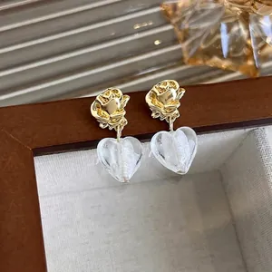 French vintage gold rose stud earrings with frosted glass heart pendant for women