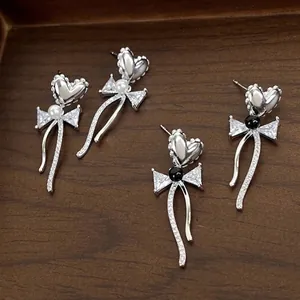 Fashion Sweet Cool Heart Bowknot Artificial Pearl Zircon Stud Earrings With 925 Sterling Silver Earring Post Silver Black Long Tassel Earrings Jewelry