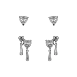 Silver heart-shaped zircon earring set featuring four pieces with elegant sleek metal