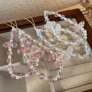 Sweet Iridescent Beaded Phone Charm Lanyard Resin Acrylic Faux Artificial Pearl Cloud Bear Flower Pendant Mobile Strap For Women Girls Daily Accessory
